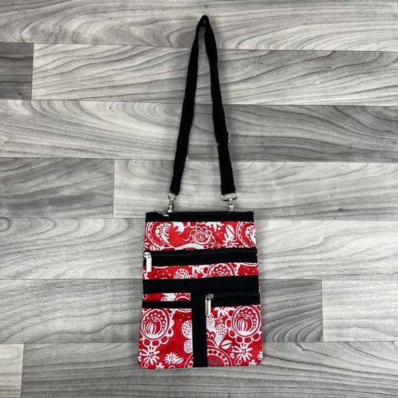 Donna Moore Crossbody Bag Womens Red White Floral Adjustable Strap Zip Artsy - Picture 1 of 15